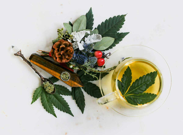 cannabis leaves and floral arrangement by a cup of cbd tea